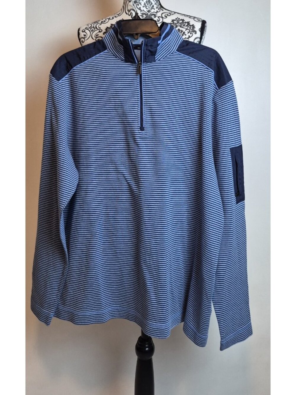 "Bugatchi Mens XL Quarter Zip Pullover Striped Blue Navy Cotton Blend Sleeve"